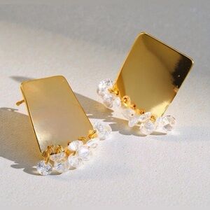 Minimalist Gold Block Studs with Sparkling Crystal Drops